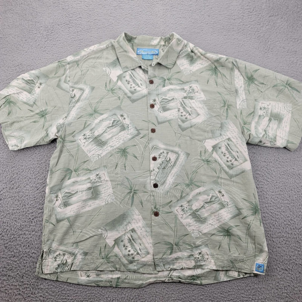 Bermuda Bay Shirt Mens‎ XL Green Palm Tree Hawaiian Silk All Over Print Aloha